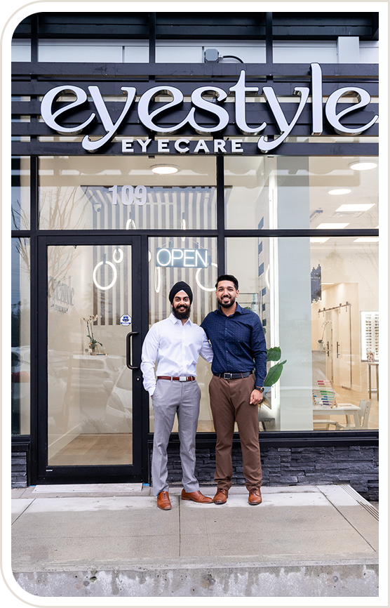 Photo of Dr. Manjot Minhas and Dr. Jimmy Dhesa outside of Eyestyle Eyecare