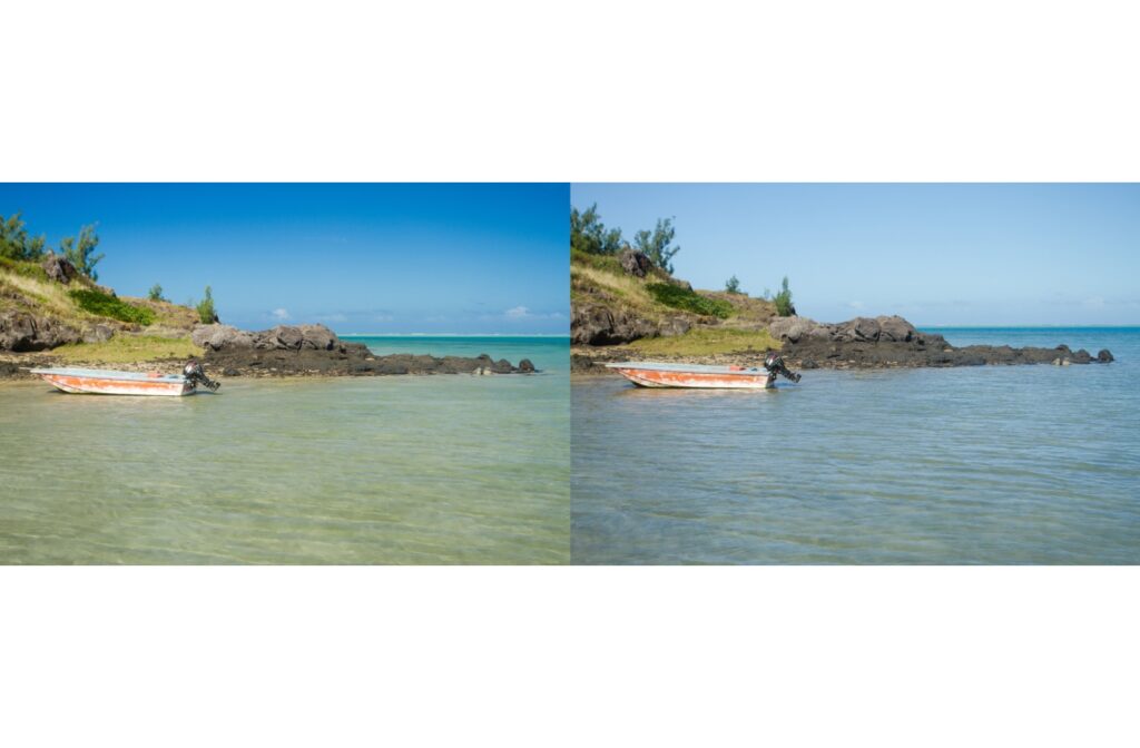 Side by side comparison of photos. of an old motor boat in an inlet with and without polarization filters showing deeper colours and stronger contrast.