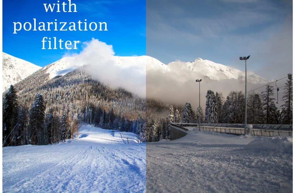 Side by side comparison of ski hill with and without polarization filter.