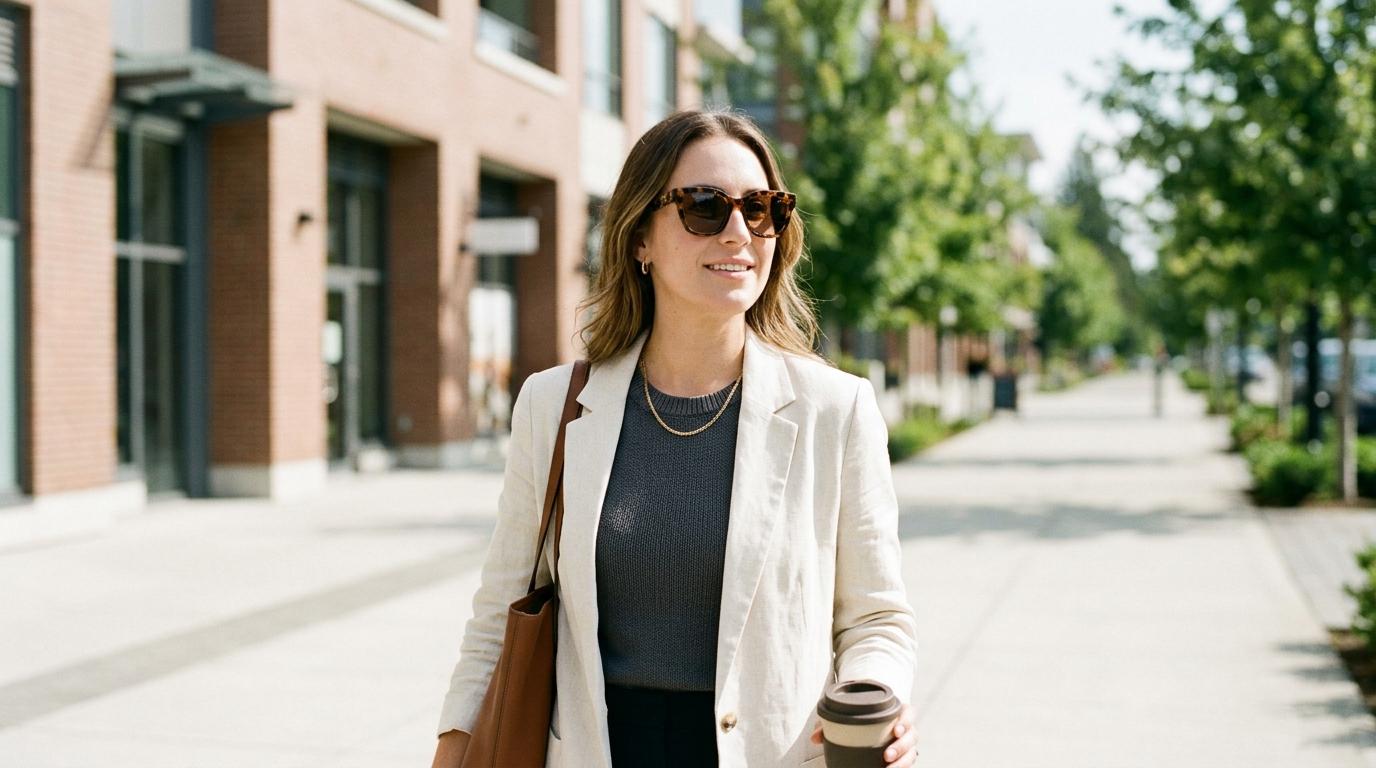 Happy stylish woman walking outside on a sunny day with fashionable sunglasses.