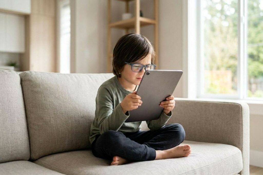 A young boy wearing stylish blue glasses sits cross-legged on a beige couch, looking intently at a tablet held close to his face, demonstrating the importance of children's eye care and screen time management.