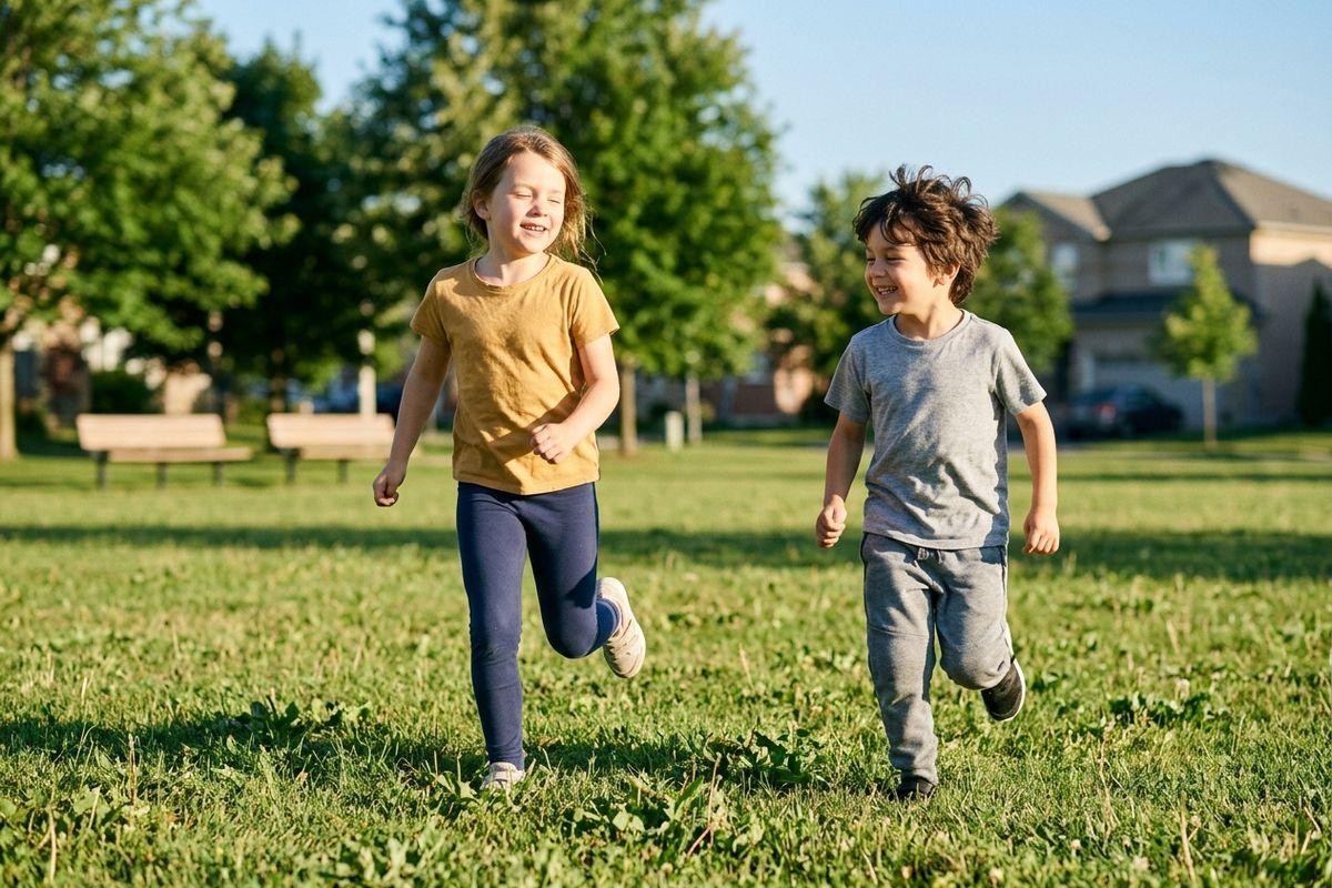 Children running outdoor play eye health