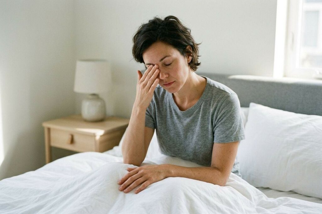 A woman with short dark hair sits in a brightly lit bed, rubbing the bridge of her nose and eyes with a tired expression, representing symptoms of eye strain or fatigue.