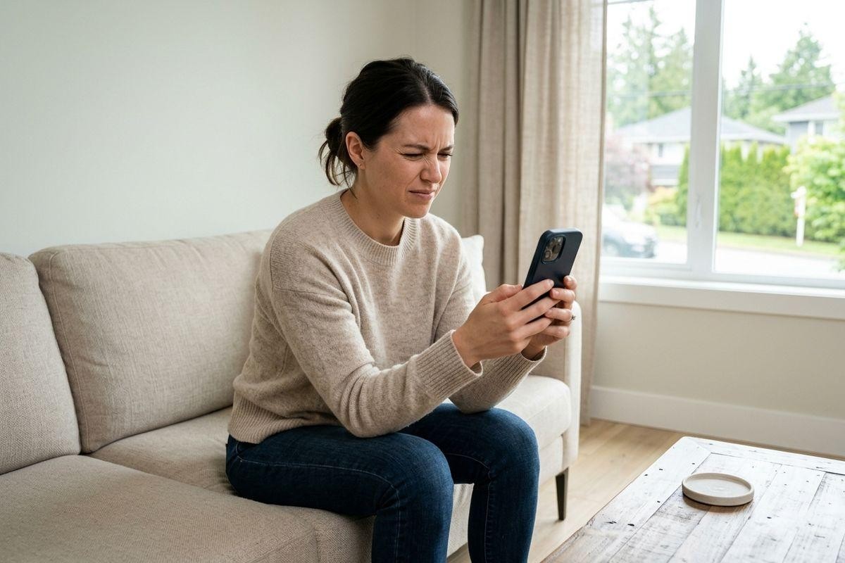 Person sitting on a sofa squinting at a smartphone held close near a window