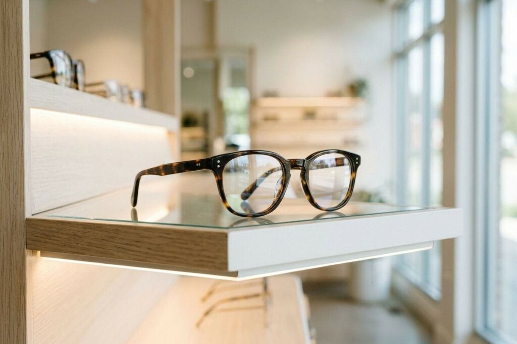 Tortoiseshell eyeglasses displayed on a lit shelf in an optical store, with more frames blurred in the background.