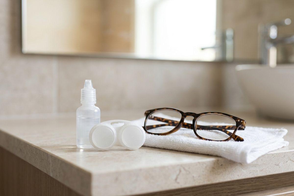 Contact lens solution bottle, lens case, and tortoiseshell glasses on a white towel on a bathroom counter.