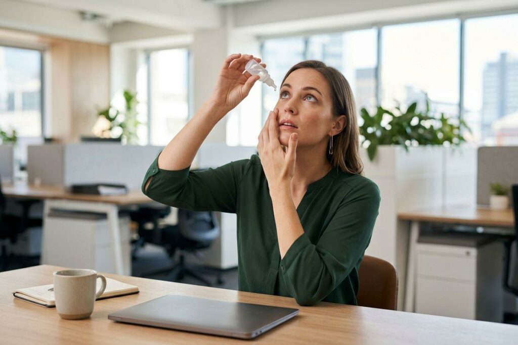 Person applying eye drops at an office desk with a closed laptop and mug, looking upward.