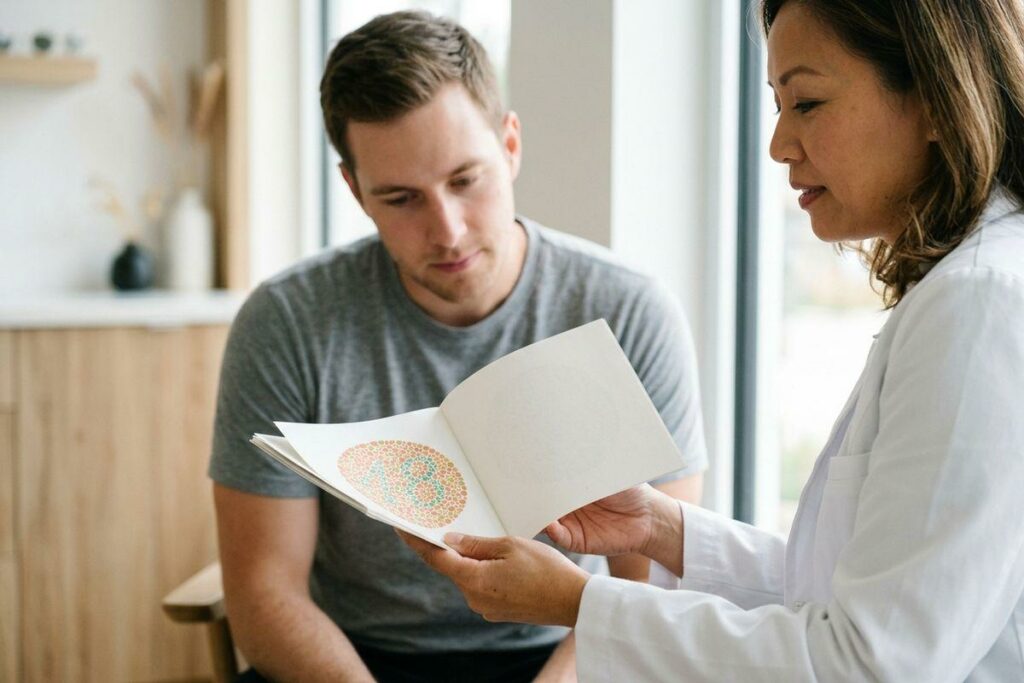 Optometrist holding an open book showing a coloured dot test plate with the number 18 while a seated patient looks at it.