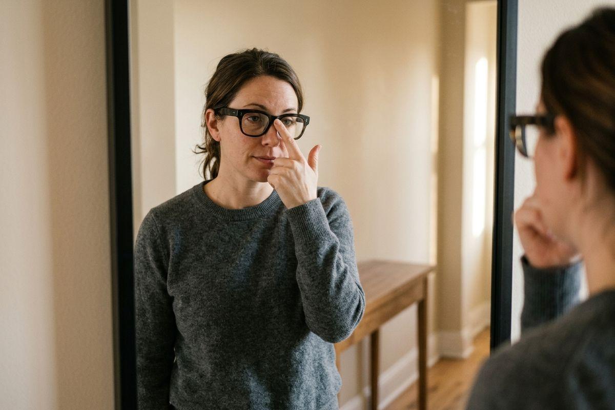 Person in a grey sweater adjusts their glasses while looking at their reflection in a mirror at home.