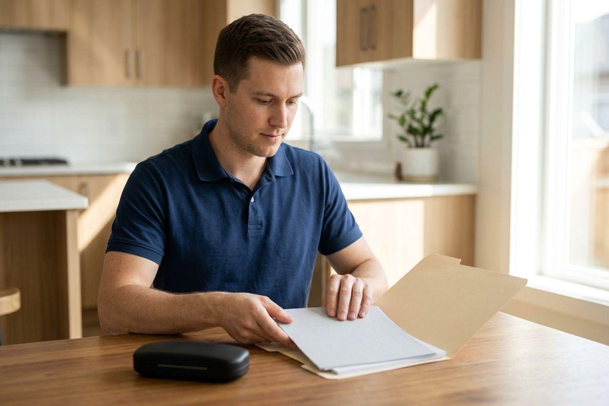 Person in a navy polo sits at a kitchen table, opening a manila folder of papers beside a black case, looking focused.