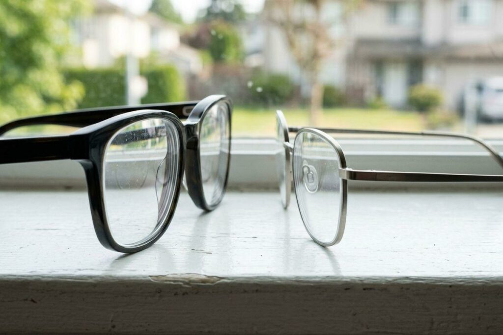 Two pairs of eyeglasses, one thick dark plastic frame and one thin metal frame, resting on a white windowsill with blurred houses outside.